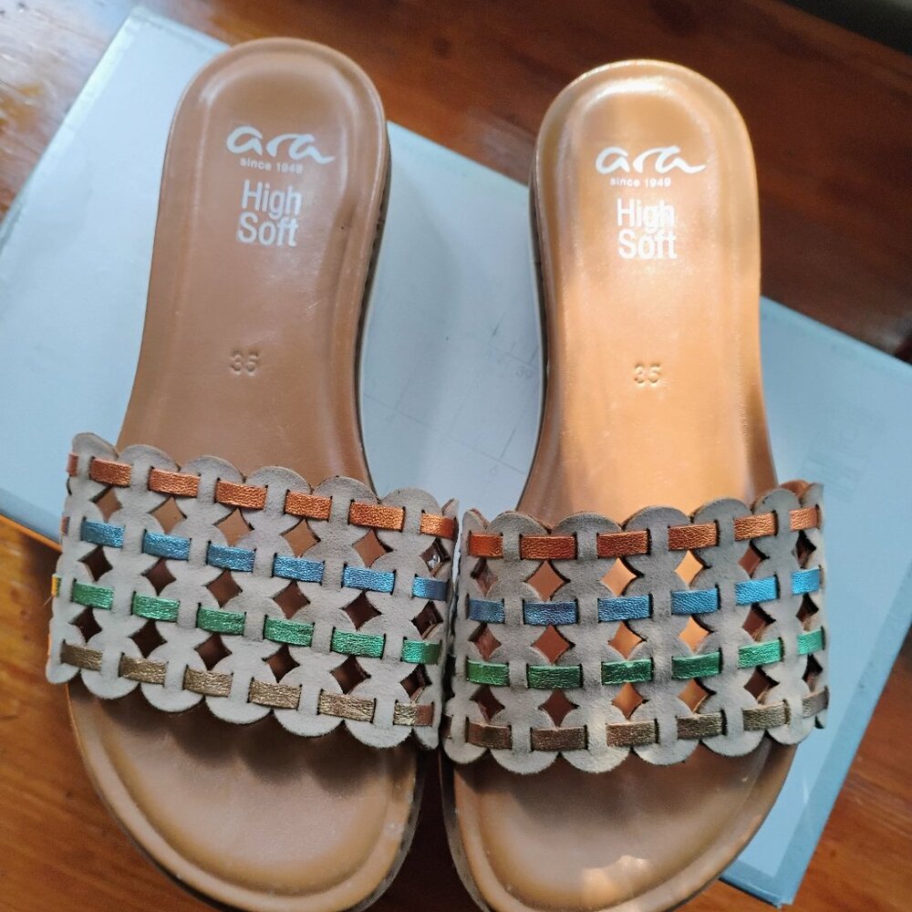 New ARA Shoes ALICANTE Woven Leather Sandals Size 35 (US 5) MULTI COGNAC